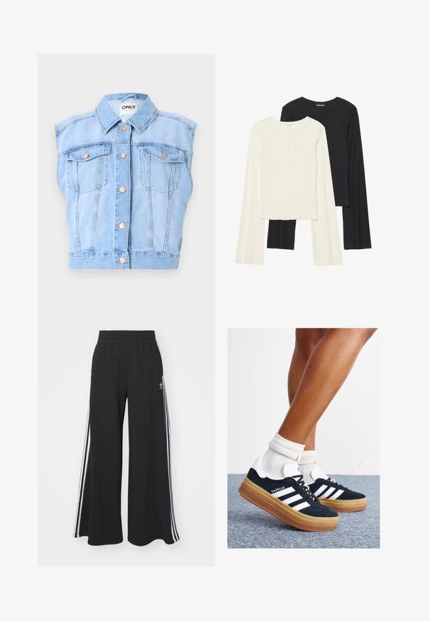 Farmer mellény, világoskék, ujjatlan kivitel, hegyes gallérral, két elülső zseb gombos záródással, és rézszínű kiegészítőkkel.; Két darabból álló hosszú ujjú felsők szettje fehér és fekete színben. Bordás textúra, kerek nyakkivágás, testhez simuló fazon, enyhén bővülő ujjakkal.; Fekete, bő szárú melegítőnadrág, rugalmas derékkal, fehér oldalsávokkal és hímzett logóval a bal combon.; Fekete velúr sportcipő fehér csíkokkal és díszítésekkel, lekerekített orral, gumitalpú külső résszel, fehér bordázott bokazoknival párosítva.