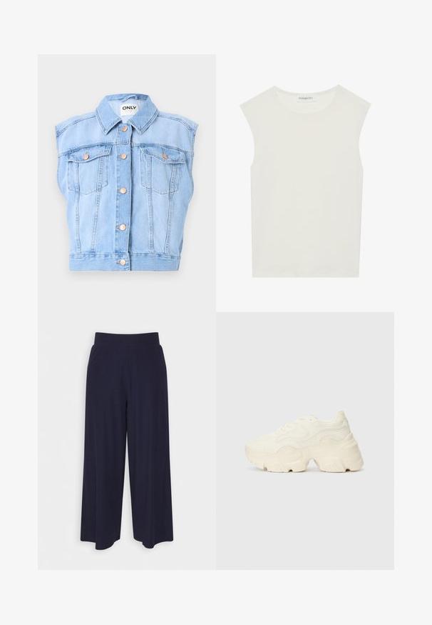 Vest din denim, bleu deschis, design fără mâneci, guler punctat, două buzunare frontale cu închidere prin buton și accente de nuanță cupru.; Top alb fără mâneci, cu decolteu rotund. Fabricat dintr-un material neted, prezintă o croială lejeră și un design minimalist. Fără modele sau accente.; Pantaloni cu croi larg din țesătură de culoare bleumarin închis, cu un model texturat. Prezintă un brâu neted și o siluetă fluidă, ajungând până la jumătatea gambei.; Tenisi albi voluminoși, fabricați din plasă texturată și materiale sintetice, cu o talpă groasă și detalii de model intricate pe laturi.