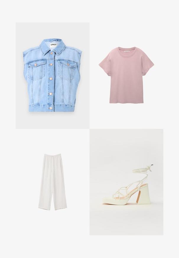 Denimväst, ljusblå, ärmlös design, spetsig krage, två framfickor med knappstängning och kopparfärgade detaljer.; Ljusrosa kortärmad t-shirt i mjuk bomull. Har rund halsringning och avslappnad passform med rak nederkant.; Vita vida byxor i vid passform gjorda av ett lättviktsmaterial. Har en elastisk midja med dragsko och sidofickor. Slät textur.; Vit högklackad sandal med en kraftig klack, med ett remdesign och ankelband. Slät textur med en plattform framtill för ökad höjd.