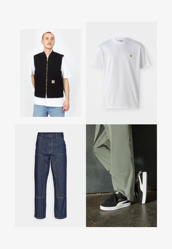 Zwarte mouwloze vest gemaakt van katoen, met een ritssluiting aan de voorkant en twee vo pockets. Gouden rits hardware en een logo patch op de linker pocket.; Witte katoenen t-shirt met korte mouwen en ronde hals, voorzien van een klein gouden logo op de linkerkant van de borst. Zachte textuur en een normale pasvorm.; Donkerblauwe denim jeans met een hoge taille, rechte pijpen, contrasterende stiksels en opgestikte zakken aan de voorkant.; Zwarte suède sneakers met witte rubberen zolen en zijstrepen, gecombineerd met lichtgroene cargobroeken, staande op een gestructureerd donker oppervlak.