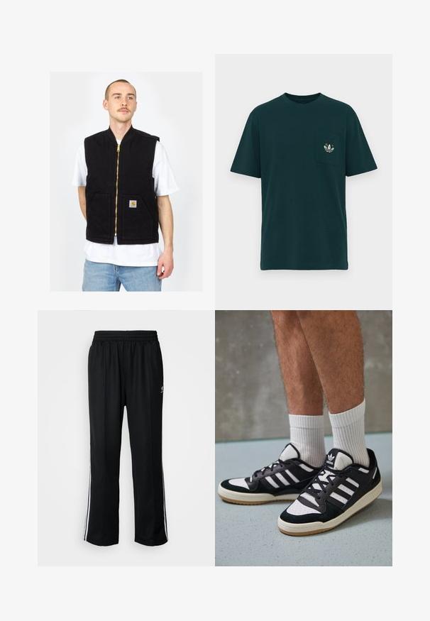 Zwarte mouwloze vest gemaakt van katoen, met een ritssluiting aan de voorkant en twee vo pockets. Gouden rits hardware en een logo patch op de linker pocket.; Donkergroene katoenen t-shirt met een ronde hals, korte mouwen en een borstzak met een meerkleurig geborduurd logo.; Zwarte sportbroeken met een elastische tailleband, voorzien van witte zijkanten en een klein logo. Het materiaal lijkt zacht en lichtgewicht te zijn.; Zwart-witte sneakers met een bovenwerk van suede en leer, voorzien van drie witte strepen, een geperforeerde neus en een rubberen gumzool.