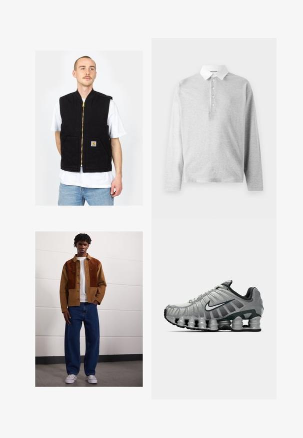 Vesta neagră fără mâneci, din bumbac, cu un fermoar frontal și două buzunare frontale. Accesorii aurii la fermoar și un patch cu logo pe buzunarul din stânga.; Tricou polo gri deschis cu mânecă lungă, confecționat dintr-un material moale, având un guler alb și o închidere cu patru nasturi. Textură netedă, design casual.; Bărbat stând în interior, purtând un sacou din corduroy maro cu pete de rugină, tricou alb, blugi largi albaștri și adidași albi.; Adidas de alergare gri și negru, cu amortizare vizibilă sub talpă, asemănătoare unui arc, și un logo swoosh alb pe lateral.