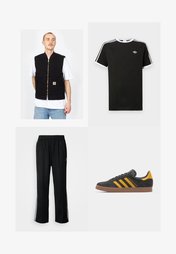 Schwarze ärmellose Weste aus Baumwolle mit einem Reißverschluss vorne und zwei vorderen Taschen. Goldene Reißverschlussbeschläge und ein Logo-Patch auf der linken Tasche.; Schwarzes T-Shirt aus Baumwolle mit weißen Akzenten. Hat kurze Ärmel, ein Raglan-Design und ein kleines Logo auf der Brust. Drei weiße Streifen auf den Schultern.; Schwarze Sporthosen mit elastischem Bund, ausgestattet mit weißen Seitenstreifen und einem kleinen Logo. Das Material wirkt weich und leicht.; Schwarze Wildledersneaker mit gelben Akzenten, ausgestattet mit drei Streifen und einer braunen Gummisohle. Enthält eine gepolsterte Zunge für zusätzlichen Komfort.
