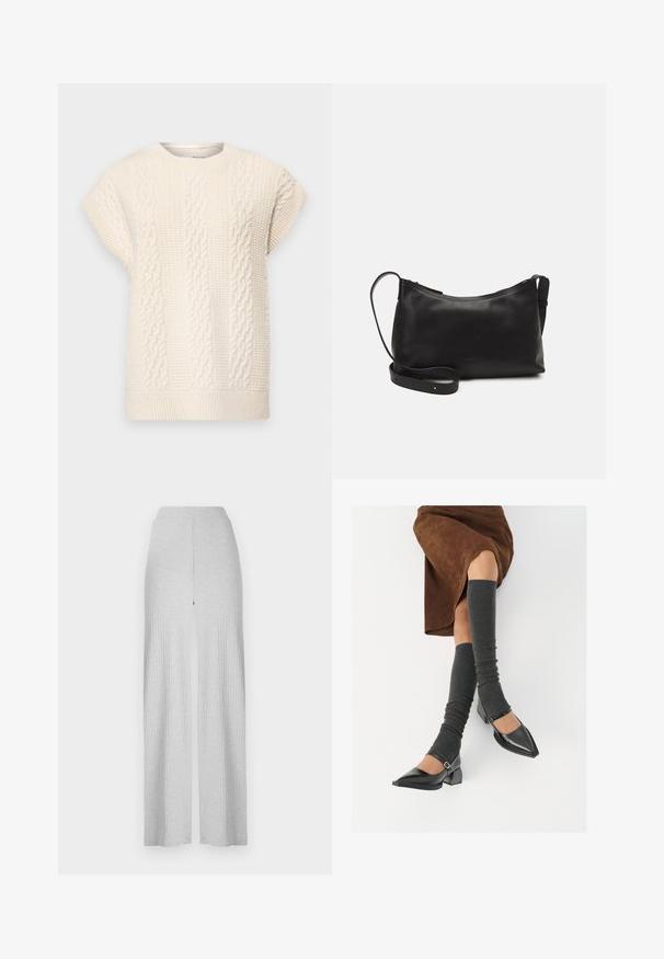Suéter tricotado de cor creme com um padrão de tranças texturizadas, mangas curtas e decote e bainha canelados.; T-shirts preto e branco, de decote redondo e mangas curtas. A camisa preta apresenta um bordado de sol amarelo; a branca tem um detalhe de lua crescente roxa.; Calças largas em riscas cinza claro com uma cintura alta e uma fenda na frente. Feitas de um tecido suave com uma textura lisa.; Sapatos pretos de pele lacada com biqueira pontuda, salto bloco e tiras no tornozelo, combinados com caneleiras cinzas em malha e uma saia de camurça castanha.; Bolsa de ombro em pele preta com textura suave, forma curva, alça ajustável e fecho com zip. Design minimalista sem adornos.