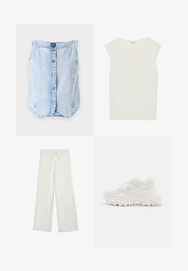 Světle modrý deninový top bez rukávů s kulatým výstřihem, pěti předními knoflíky a zakřiveným lemem pro uvolněný fit.; Bílý bezrukávový top s kulatým výstřihem. Vyroben z hladkého materiálu, má volný střih a minimalistický design. Bez vzorů nebo akcentů.; Bílé kalhoty s širokými nohavicemi vyrobené z měkké tkaniny. Mají elastický pas se stahovací šňůrkou a hladkou strukturu. Žádné viditelné vzory ani kovové prvky.; Bílé robustní tenisky s texturovaným svrškem, síťovinovými panely a silnými gumovými podrážkami s výrazným vzorem protiskluzu. Součástí jsou tkaničky a poutko.