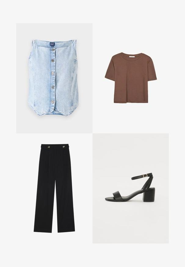 Himmelblaues Denim-Weltoberteil ohne Ärmel mit einem rundem Ausschnitt, fünf vorderen Knöpfen und einem geschwungenen Saum für eine lockere Passform.; Braunes, kurzärmliges T-Shirt aus weichem Material mit rundem Halsausschnitt und lockerer Passform. Keine sichtbaren Muster oder Akzente.; Schwarze weite Hosen mit hoher Taille, Knopfdetails am Bund und vorderen Falten.; Schwarze High Heels Sandalen mit einem glatten Lederoberteil, offener Zehenpartie, breiten Vorderstraps und verstellbarem Knöchelriemen mit einem goldenen Schnallen-Detail.