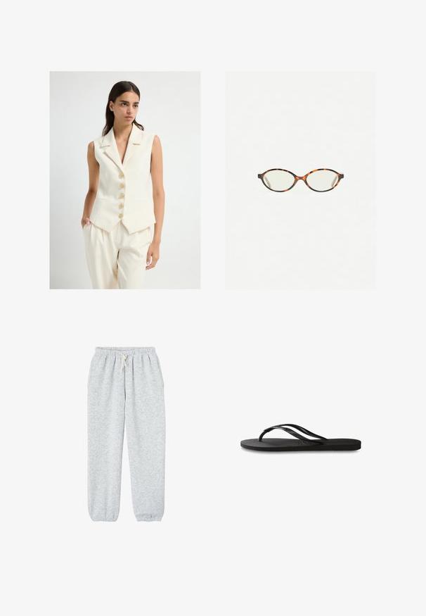 Cremefarvet ærmeløs vest med klippet krave, der har seks guldknapper, to forlommer og en skræddersyet pasform.; Grå cropped sweater lavet af blødt, fuzzy materiale. Har lange ærmer og en rund halsudskæring med en glat, let tekstur.; Grå sweatpants lavet af blødt stof, med en elastisk talje med snor og elastiske manchetter ved anklerne.; Sorte flip-flop med en tekstureret gummisål, to slanke stropper og et subtilt, præget logodetalje på stroppen.; Skildpaddebriller med ovale linser og en elegant, glat finish. Har tynde sider med en subtil kurve ved tindingerne. Klare linser.