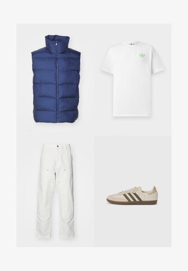 adidas Originals COMMERCIAL VEST - Brezrokavnik - night indigo; Bela bomba majica iz bombaža s kratkimi rokavi, ki ima majhen zeleni Adidas logo na levem prsnem delu. Preprosta, klasična zasnova s krožnim izrezom.; Bela bombažna cargo hlače z udobnim krojem. Značilnosti vključujejo sprednje žepe, zlato poudarjeno kovinsko opremo in ojačane kolenske dele.; adidas Originals SAMBA OG UNISEX - Športni copati - alumina/medium dark khaki/gum