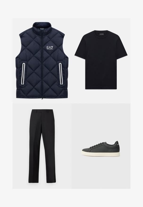Tamsiai mėlynas kviltuotas be rankovių liemenė su priekiniu užtrauktuku, užtrauktukinėmis kišenėmis ir balta EA7 Emporio Armani logo ant krūtinės.; Juoda trumpo rankovės marškinėliai su apvalia iškirpte, su subtiliu iškilniu logotipo dizainu viduryje krūtinės ir ženklu vidinėje apykaklės pusėje.; Juodos, tiesios kojų kelnės iš lygaus audinio. Turi standartinę juosmens juostą ir neturi matomų raštų ar akcentų.; Juodos odinės sportinės bateliai su žemu profiliu, apvaliu pirštu ir raištelių uždarymu; turi tekstūruotą guminį padą ir logotipo detalę ant kulno.