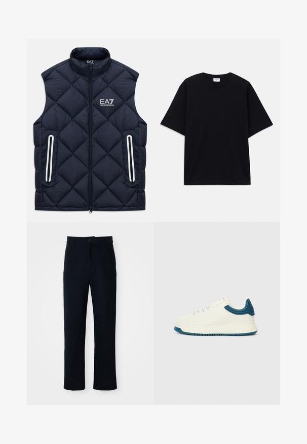 Ναυτικό μπλε ραμμένο αμάνικο γιλέκο με μπροστινό φερμουάρ, τσέπες με φερμουάρ και λευκό λογότυπο EA7 Emporio Armani στο στήθος.; Μαύρο κοντομάνικο oversized T-shirt με στρογγυλή λαιμόκοψη και ορατή ετικέτα μάρκας Filippa K μέσα στον γιακά.; Κοντό παντελόνι σκούρου μπλε χρώματος, φτιαγμένο από βαμβάκι, με ίσια γραμμή, μπροστινό κλείσιμο με κουμπί και κλασική ζώνη με θηλιές.; Λευκά αθλητικά παπούτσια με λείο φινίρισμα, μπλε υφασμάτινες λεπτομέρειες γύρω από τον γιακά και χοντρή σόλα. Διαθέτει στρογγυλά κορδόνια και σχεδίαση χαμηλού προφίλ.