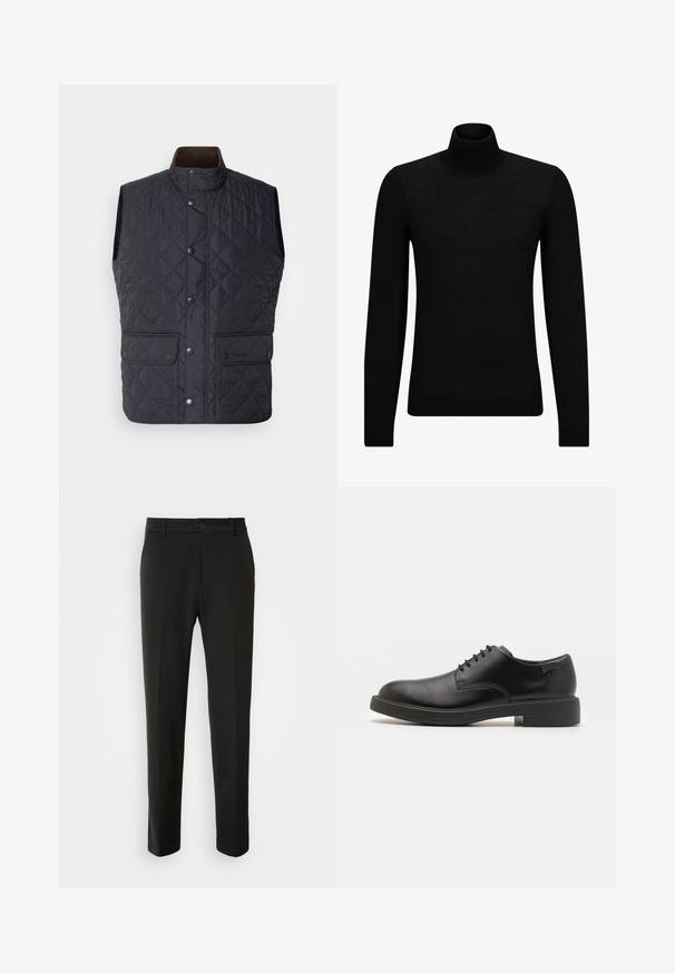 Námořnická prošívaná vesta s vysokým límcem, patentkami a dvěma předními kapsami. Disponuje hladkou texturou a klasickým, izolačním designem.; Černý rolák vyrobený z měkkého materiálu, s dlouhými rukávy a těsným střihem. Hladký lem na spodním okraji a manžetách. Jednoduchý design.; Černé kalhoty vyrobené z hladkého materiálu, s rovnými nohavicemi, zapínáním na knoflík a klasickým designem vhodným pro formální i neformální nošení.; Černé kožené šněrovací boty s kulatou špičkou, hladkým povrchem, minimálním prošíváním a nízkým gumovým podpatkem. Logo na patě.