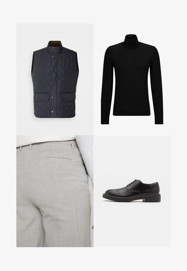 Námořnická prošívaná vesta s vysokým límcem, patentkami a dvěma předními kapsami. Disponuje hladkou texturou a klasickým, izolačním designem.; Černý rolák vyrobený z měkkého materiálu, s dlouhými rukávy a těsným střihem. Hladký lem na spodním okraji a manžetách. Jednoduchý design.; Světlounce šedé kalhoty na míru z texturované látky, s jednou zadní kapsou a čistým prošitím.; Černé kožené šněrovací boty s kulatou špičkou, hladkým povrchem, minimálním prošíváním a nízkým gumovým podpatkem. Logo na patě.