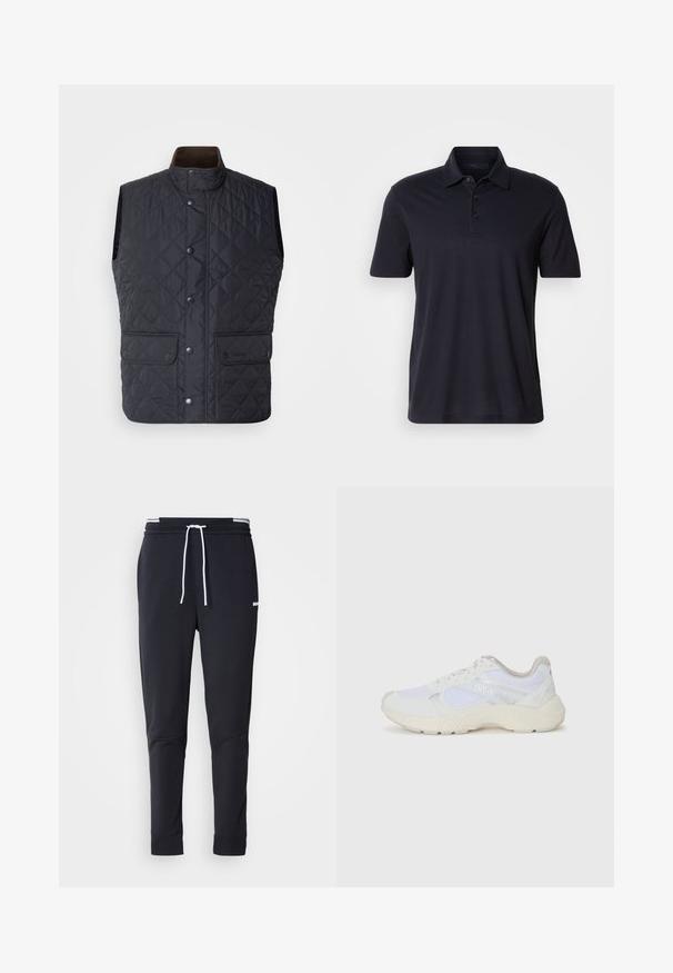 Tengerészkék steppelt mellény magas gallérral, patentgombokkal és két elülső zsebbel. Simább textúrával és klasszikus, szigetelt kialakítással rendelkezik.; Sötét tengerészkék, rövid ujjú pólóing, gallérral és háromgombos gombolóval, sima világos háttéren bemutatva.; Fekete, slim-fit rakott nadrág fehér zsinórral, elasztikus derékpánttal, fehér csíkokkal, és kisebb fehér logóval a comb felső részén.; Fehér sportcipők, amelyek hálós és velúr anyagból készültek, texturált középtalppal, texturált részletekkel és a "HUGO" logóval az oldalon.
