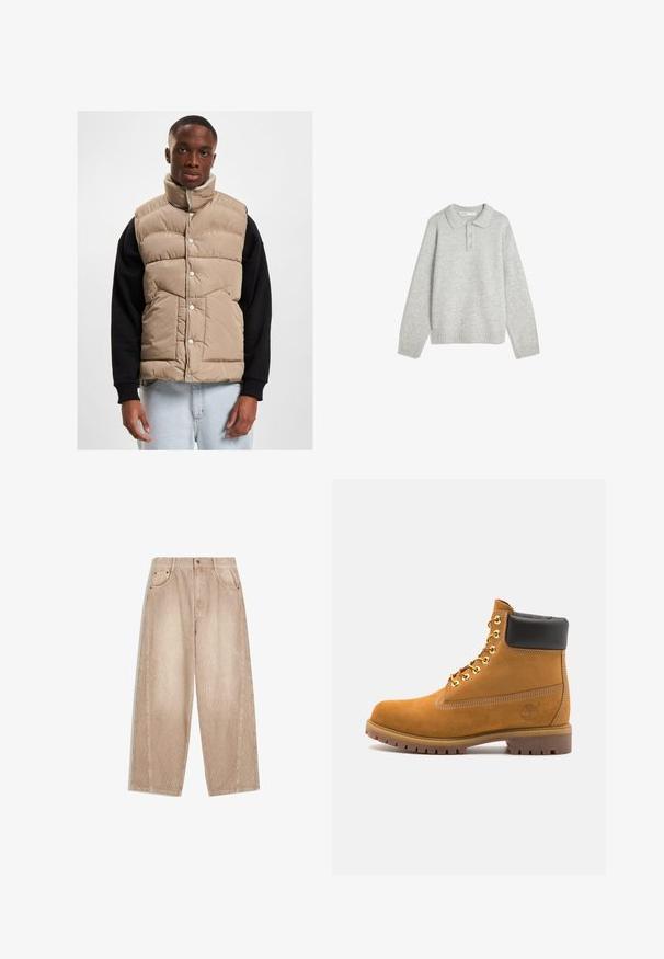 Beige puffer vest med høj krave, trykknapper og quiltet design. Båret over en sort langærmet skjorte, vist på en neutral baggrund.; Grå strikpullover med krave, tre knapper foran og ribbede kanter. Stoffet virker blødt og struktureret med en afslappet pasform.; Beige kordfløjl brede bukser med lodrette ribber, der har forlommer, bæltestropper og en lynlåsfront med knaplukning.; Tan nubuck ankelstøvle med sort polstret krave, gyldne metaløjer, hvid syning detaljer og robust gummisål med udtalte slidbaner.