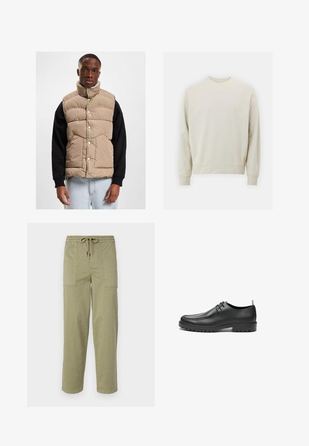 Beige puffer vest with a high collar, snap buttons, and quilted design. Worn over a black long-sleeve shirt, displayed in a neutral background.; Light beige sweatshirt made of soft fabric with a crew neck, long sleeves, and ribbed cuffs and hem. Minimalist design, no visible patterns.; Light olive green pants made of cotton blend fabric, featuring an elastic waistband with drawstring, and two large side pockets.; Black leather shoes with a smooth finish, rounded toe, and decorative stitching. Features a rubber sole with traction grooves and a lace-up design.
