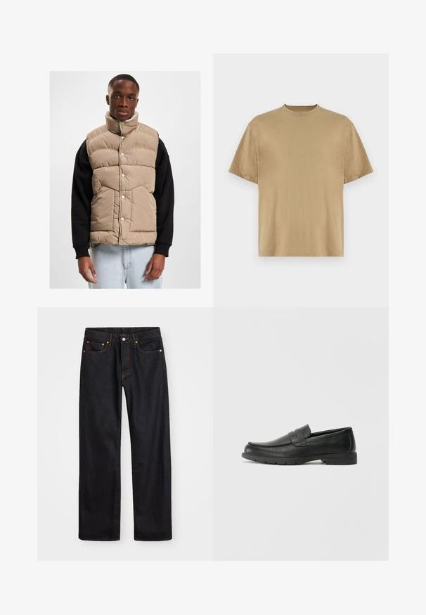 Beez värviga puffvest kõrge kraega, nupukinnitustega ja tikandiga disainiga. Kantud musta pika varrukaga särke peal, esitletud neutraalses taustas.; Khaki lühikeste varrukatega T-särk, mis on valmistatud pehmest kangast, ümara kaelusega ja mugava lõikega. Mustreid ega graafikat pole.; Meeste sirge jala mustad denim teksad viie taskuga, oranž õmblus, nupu ja tõmblukuga ees nagu vöökoht.; Musthave nahkkingad siledast nahast, mokassiini stiilis ülevalt, tikanditega ja kummist tallaga. Klassikaline disain madala kontsaga.