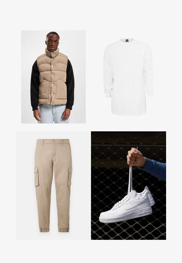 Beige puffervest magas gallérral, patentgombokkal és steppelt mintával. Fekete hosszú ujjú póló felett viselve, semleges háttérben.; Hosszú ujjú fehér pamut póló, kerek nyakkivágással, laza fazonnal és bordás mandzsettával. Egyszerű, mintás és grafika nélküli dizájn.; Beige színű cargo nadrág könnyű pamut anyagból. Rugalmas mandzsettákkal, több oldalsó zsebbel és gombos záródással rendelkezik.; Fehér bőr sportcipők perforációval, kerek orral, lapos talppal és vastag fűzőkkel, látható swoosh logóval és "AIR" felirattal a sarokrészen.