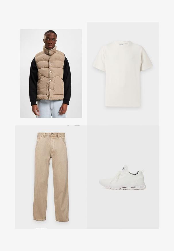 Beige puffer vest met een hoge kraag, drukknoopsluiting en een gewatteerd ontwerp. Gecombineerd met een zwart T-shirt met lange mouwen, gepresenteerd op een neutrale achtergrond.; Witte korte mouwen T-shirt met ribbelstructuur. Ronde hals, ontspannen pasvorm, geen zichtbare patronen of accenten. Eenvoudig en veelzijdig ontwerp.; Beige denim jeans met een recht gesneden ontwerp, voorzien van voorzakken, een metalen knoopsluiting en een subtiele textuur.; Witte sportieve schoenen met een gestructureerde gebreide bovenkant, platte veters en een gevoerde zool met zichtbare luchtkamers voor extra ondersteuning.