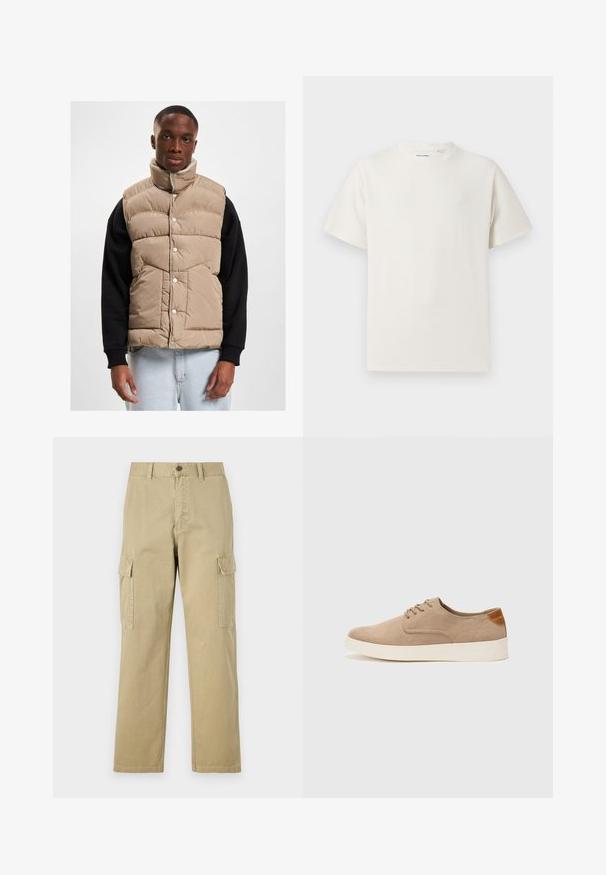 Beige puffervest magas gallérral, patentgombokkal és steppelt mintával. Fekete hosszú ujjú póló felett viselve, semleges háttérben.; Fehér, rövid ujjú póló bordázott textúrával. Kerek nyakkivágás, laza szabás, nincs látható minta vagy díszítés. Egyszerű és sokoldalú dizájn.; Beige vászon cargo nadrág, két oldalsó zsebbel, gombos záródással, egyenes lábakkal és enyhén texturált anyagból készült.; Beige velúr sportcipő, kerek orral, fűzős elülső résszel és textúrált hátsó részlettel. Fehér gumitalp kontrasztot ad. Egyszerű és modern design.