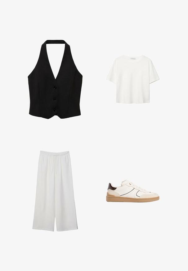 Mango Smanicato - black; T-shirt bianco a maniche corte realizzato in cotone. Presenta un collo tondo e una vestibilità rilassata. Texture liscia senza motivi o dettagli visibili.; Pantaloni bianchi a gamba larga realizzati in tessuto leggero, dotati di una vita elastica e di un cordino per una vestibilità regolabile. Texture liscia.; Stradivarius Sneakers basse - white