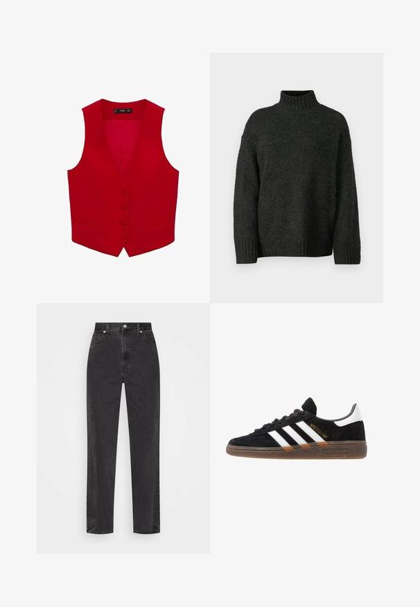Vest roșu fără mâneci, cu decolteu adânc în V, închidere cu cinci nasturi și două buzunare laterale. Fabricat dintr-un material neted, într-o culoare uniformă.; Vero Moda Tall VMMADDIE HIGHNECK PULL - Pulover - dark grey melange; Jeans negri din denim, cu picioare drepte și talie înaltă, cu nasture și fermoar în față, și stil cu cinci buzunare, pe un fundal alb.; Sneaker Adidas negre cu dungi albe, text aurit "Spezial", talpă din cauciuc și tab de călcare alb, prezentat din vedere laterală.