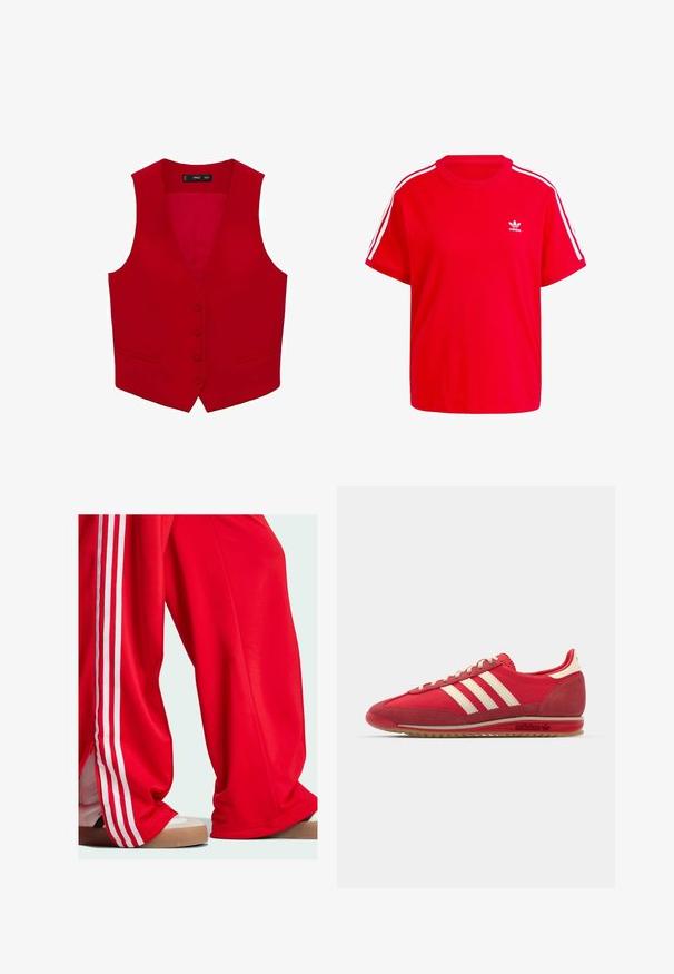 Rote ärmellose Weste mit tiefem V-Ausschnitt, fünf Knöpfen und zwei Seitentaschen. Aus glattem Stoff in einfarbiger Ausführung.; Rotes Baumwoll-T-Shirt mit rundem Ausschnitt, kurzen Ärmeln, weißen drei Streifen Akzenten an den Schultern und einem kleinen weißen Logo auf der Brust.; Rote Jogginghose mit weißen Streifen an den Seiten, mit lockerem Sitz und Reißverschlussdetails am Saum. Getragen mit hellen Sportschuhen.; Rote Sportsneaker mit strukturiertem Obermaterial, drei weißen Streifen, runder Zehenpartie und einer Gummisohle mit Logodetails an der Seite.