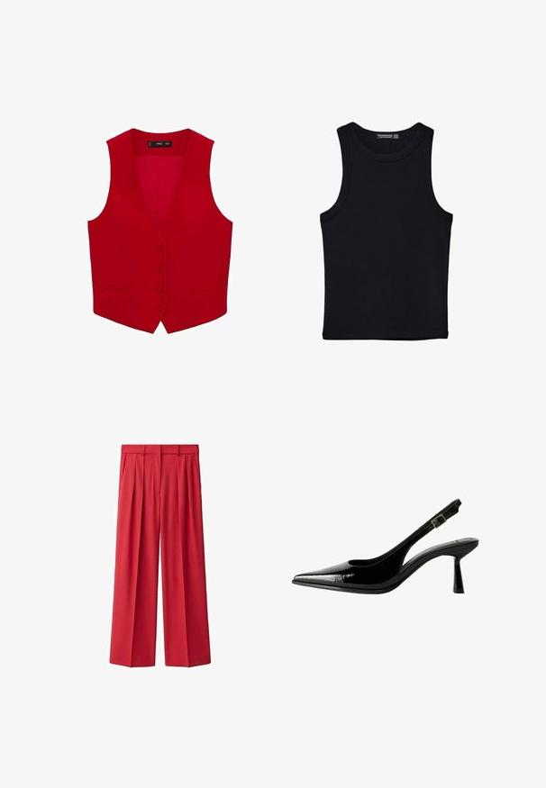 Crvena bezrukava prsluka s dubokim V izrezom, zatvaranjem na pet dugmadi i dva bočna džepa. Izrađena od glatkog materijala u jednobojnoj boji.; Crni top bez rukava od pamuka, s okruglim izrezom i širokim izrezima za ruke. Glatka tekstura s ušivenim rubovima. Klasičan, minimalistički dizajn.; Crvene, visokog struka, plisirane hlače širokih nogavica od glatkog materijala. Ima petlje za pojas i prednje zatvaranje na zip. Klasično krojena.; Crne lakovane kožne cipele s otvorenom petom, šiljastim vrhom, izrezanim stranama, podešavajućom naramenicom i tankim, elegantnim potplatom.