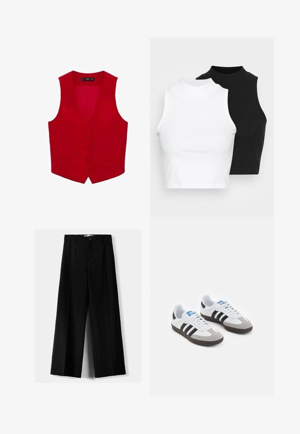 Červená bezrūšková vesta s hlubokým výstřihem do V, s pěti knoflíky a dvěma bočními kapsami. Vyrobena z hladké tkaniny v jednotné barvě.; Dvě bezrukávové halenky s ribovým stojáčkem v černé a bílé barvě, které mají přiléhavý střih a hladkou texturu, s krácenou délkou.; Černé široké kalhoty z lehkého materiálu s předním zapínáním na knoflík a hladkým předním dílem, s pečlivě přišitými lemy.; Sportovní boty s bílým koženým svrškem, šedou semišovou špičkou a třemi černými pruhy. Obsahují modré logo na jazyku a texturovanou gumovou podrážku.