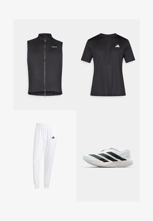 Fekete kerékpáros mellény magas gallérral, elülső cipzárral, könnyű anyagból készült, GripGrab logóval a bal felső oldalon. Simább textúra.; Fekete sportos póló könnyű hálós anyagból, rövid ujjú, bal mellrészen fehér logóval.; Fehér sportnadrág sima anyagból, rugalmas derékpánttal és szűkített bokákkal, a hátsó zsebében fekete logóval.; Világoskék, fekete csíkos könnyű futószerek. Simább felső résszel, kerek orral és vastag fehér középtalppal, amelyen a "LIGHTSTRIKE PRO" felirat olvasható.