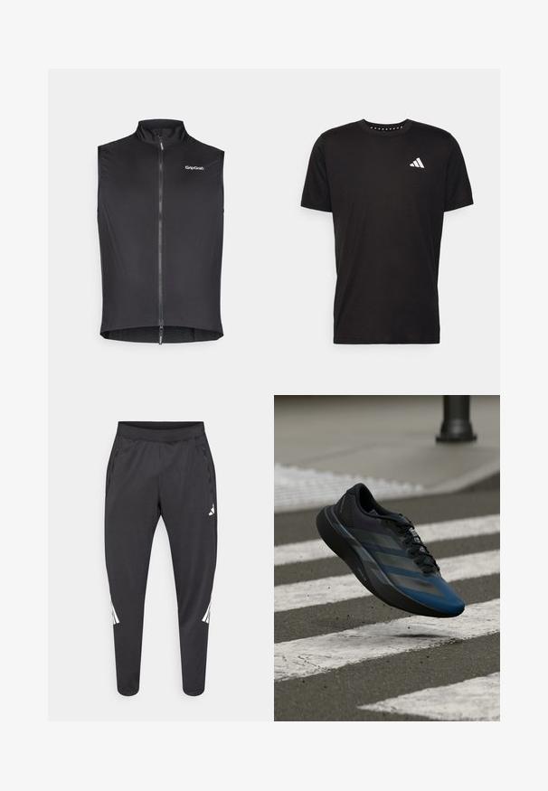 Melna riteņbraukšanas veste ar augstu apkakli, priekšējo rāvējslēdzēju, vieglu materiālu un GripGrab logotipu augšējā kreisajā pusē. Gluda tekstūra.; Melna kokvilnas t-krekls ar īsām piedurknēm, apaļu dekoltē un balto logo uz kreisā krūts. Gluda tekstūra un vienkāršs dizains.; Melnas sporta bikses ar šaurākiem galiem, elastīgu jostasvietu, sānu kabatām, kā arī baltu logo un svītru detaļām. Izgatavotas no gluda, viegla materiāla.; Melns un zils sporta apavu ar aerodinamisku dizainu, tam ir teksturēta virsma, kontrastējošas svītras un amortizējoša zolīte, kas peld virs ietves.