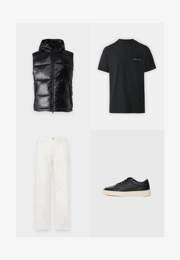 Fekete puffervest, fényes kivitelben, kapucnis dizájn, elülső cipzárral és két oldalsó zsebbel. Tűzött minta a további textúráért.; Fekete pamut póló klasszikus kerek nyakkal, rövid ujjakkal, és két kicsi fehér "SAMSØE" logóval a bal mellen.; Fehér farmernadrág egyenes lábbal, gombos és cipzáras záródással, öt zsebes kialakítással, és látható minták vagy díszítések nélkül.; Fekete, alacsony szárú bőrsneaker fekete fűzőkkel és törtfehér talppal, oldalnézetben, fehér háttér előtt.