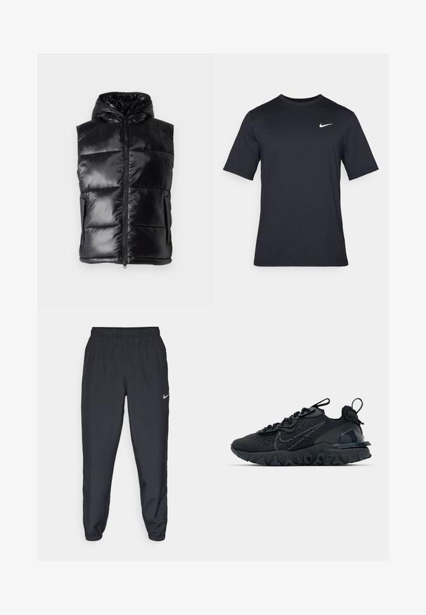 Juodas pūkinis liemenė su blizgiu paviršiumi, su gobtuvu, priekyje užtrauktuku ir dviem šoniniais kišenėmis. Siuvinėta struktūra, suteikianti papildomą tekstūrą.; Juodas trumpomis rankovėmis Nike marškinėliai, pagaminti iš lygaus audinio, su baltu swoosh logotipu viršutinėje kairėje pusėje, apvaliu kaklu.; Juodos sportinės kelnės iš lengvos medžiagos su elastinga juosta, kulkšnies rankovėmis ir diskretišku Nike logotipu kairėje pusėje.; Juoda sportinė avalynė su kvėpuojančiu tinkliniu viršumi, tekstūruotais akcentais ir banguota guma padais. Yra atspindintis logotipas ir raištelių sistema.