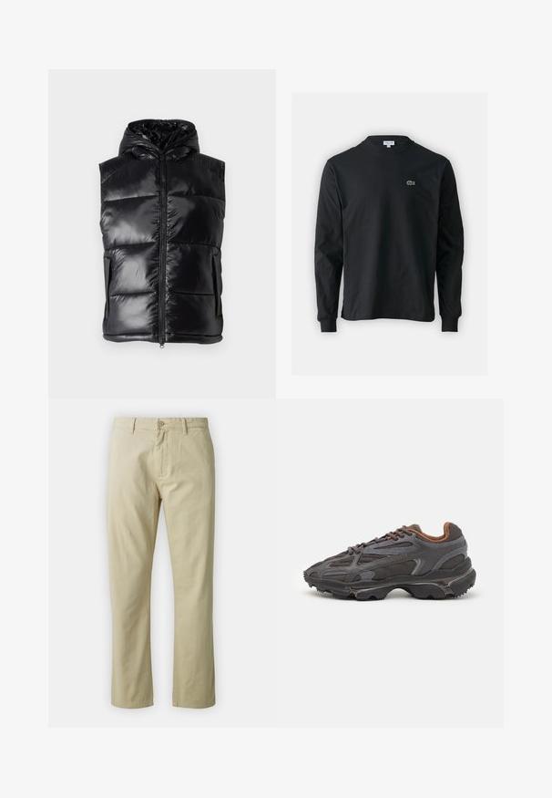 Svart puffervest med glanset overflate, hette-design, frontglidelås og to sidelommer. Quilted mønster for ekstra tekstur.; Svart langermet T-skjorte laget av bomull, med rund hals og en liten grønn brodert krokodillelogo på venstre bryst.; Beige bomullsbukser med rett ben-design, frontlukking med knapp og beltehemper. Jevn tekstur, ingen synlige mønstre eller detaljer.; Lacoste-sneakers i mørkegrått med mesh- og syntetisk materiale, med en teksturert såle og brune detaljer på kragen og merket.