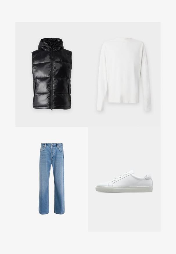 Sort puffer vest med en shiny finish, hætte-design, frontlynlås og to sidelommer. Kviltet mønster for ekstra tekstur.; Langærmet hvid bomulds skjorte med rund halsudskæring, sideslids i bunden og en glat overflade, vist bagfra.; Lyseblå denim jeans med lige ben-design, fem lommer, knaplukning, minimal falming og kontraststingdetaljer.; Hvide sneakers med en glat læderoverdel og lav profil. Har en rund tå, seks snørehuller og en tekstureret gummisål.