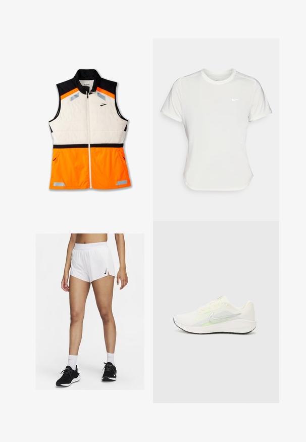 Letvægtsvest med en hvid polstret krop, sort skuldersektion og en livlig orange nederste del. Reflekterende detaljer og lynlåslommer er inkluderet.; Nike T-shirt i hvid, med korte ærmer, rund halsudskæring, lavet af et glat, let stof. Har et diskret logo på brystet.; Hvide atletikshorts med ribbet taljebånd, sideslids og sort Nike-logo. Båret med sorte sneakers og hvide crew-sokker.; Nike Performance DOWNSHIFTER 13 - Løbesko til landevejen - sail/silver-coloured photon dust/summit white/barely volt/black