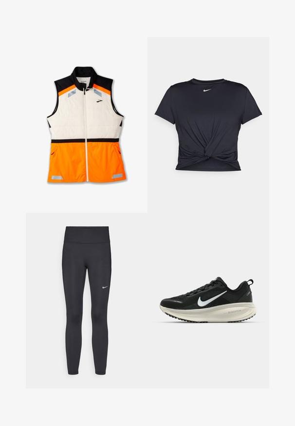 Letvægtsvest med en hvid polstret krop, sort skuldersektion og en livlig orange nederste del. Reflekterende detaljer og lynlåslommer er inkluderet.; Sort atletisk t-shirt lavet af glat stof, med et knyttet frontdesign og et lille hvidt Nike-logo på brystet.; Sorte leggings lavet af strækbart stof, med en høj talje og et hvidt Nike-logo på venstre lår. Glat tekstur, tætsiddende design.; Sort Nike løbesko med åndbart mesh-overdel, hvidt swoosh-logo, tekstureret detaljering og en cremede ZoomX mellemsål.