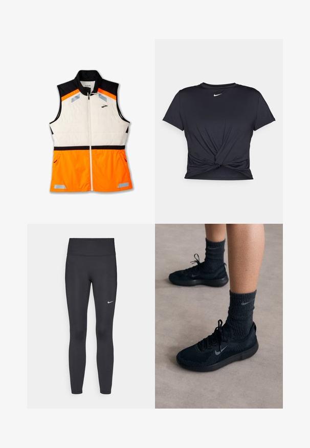 Letvægtsvest med en hvid polstret krop, sort skuldersektion og en livlig orange nederste del. Reflekterende detaljer og lynlåslommer er inkluderet.; Sort atletisk t-shirt lavet af glat stof, med et knyttet frontdesign og et lille hvidt Nike-logo på brystet.; Sorte leggings lavet af strækbart stof, med en høj talje og et hvidt Nike-logo på venstre lår. Glat tekstur, tætsiddende design.; Sorte Nike sneakers med en tekstureret strikoverdel, featuring et gråt swoosh-logo, parret med mørke ribbede sokker. Flad gummisål.