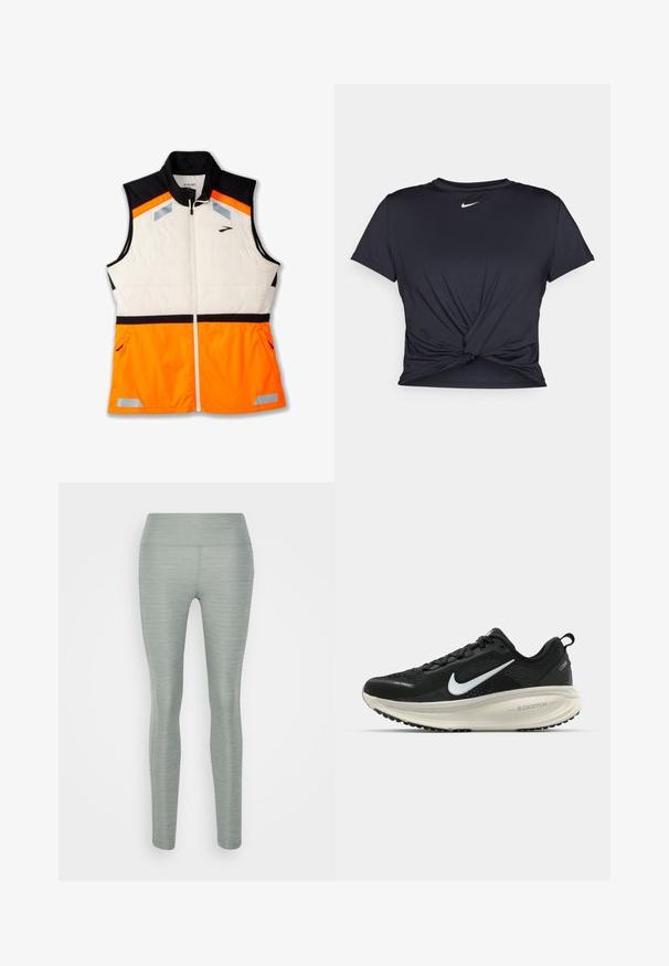Lightweight vest featuring a white padded body, black shoulder section, and vibrant orange lower part. Reflective accents and zippered pockets included.; Black athletic t-shirt made of smooth fabric, featuring a knotted front design and a small white Nike logo on the chest.; Light green leggings made of a stretchy fabric, featuring a smooth texture, high waistband, and fitted design. No visible patterns or accents.; Black Nike running shoe with breathable mesh upper, white swoosh logo, textured detailing, and a cream-colored ZoomX midsole.