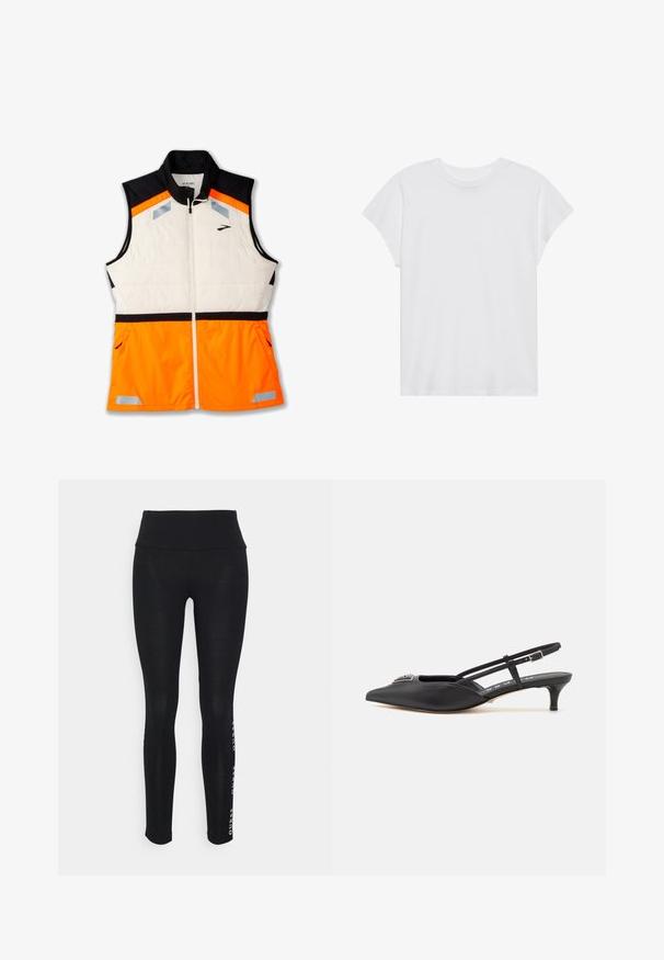 Lekki kamizelka z białą wyściółką, czarną górną częścią i jaskrawopomarańczowym dolnym fragmentem. Zawiera odblaskowe akcenty i kieszenie na zamki.; Biała koszulka z krótkim rękawem, okrągłym dekoltem, luźny krój, wykonana z miękkiej bawełny. Gładka tekstura, bez wzorów ani logo.; Czarne legginsy z wysokim stanem, wykonane z gładkiego materiału. Posiadają nadrukowane logo marki z boku. Zaprojektowane z myślą o komforcie i elastyczności.; Czarne buty typu slingback z ostrym noskiem, wykonane z gładkiego materiału, z małym obcasem i dekoracyjnym srebrnym akcentem na wierzchu.