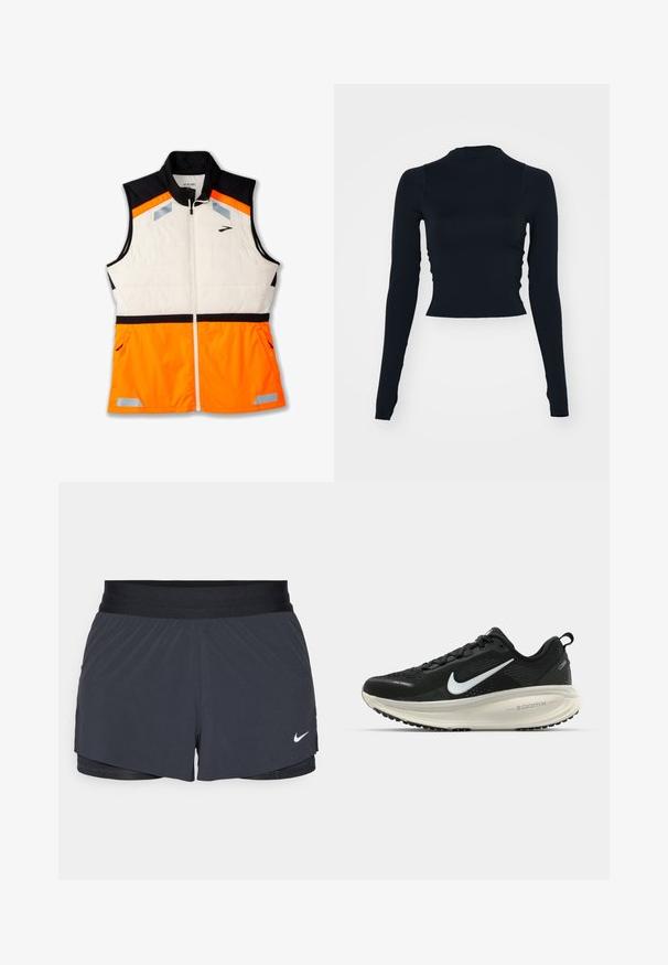 Kerge veste, millel on valge polsterdatud keha, must õlavarreosa ja ereoranž alumine osa. Peegeldavad detailid ja lukuga taskud on lisatud.; Must mustaga, pikka varrukaga lühike topp kõrge kaelusega. Valmistatud siledast, liibuvast materjalist, ilma nähtavate mustrite või aktsentideta.; Mustad must sportlikud lühikesed püksid, millel on elastne vöökoht, kihiline disain ja väike valge Nike logo vasakul all. Kerge materjal.; Musthave mustus Nike jooksujalats, millel on hingav võrgust ülemine osa, valge swoosh logo, tekstuuriga detailid ja kreemja värvusega ZoomX vahevöö.