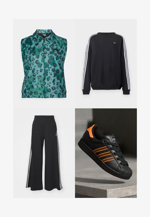 Mornarica brezrokavnik v teal barvi s tiskom leoparda. Ima ovratnik, popoln sprednji zadrgo in gladko, sijočo teksturo tkanine.; Črni pulover s kapuco z dolgimi rokavi, belimi črtami vzdolž vsake roke in majhnim sivim logotipom na prsih. Bombažni material, priložnostni kroj.; Črne široke trenirke z elastičnim pasom, ki imajo bele stranske proge in vezeno logo na levi stegna.; Črne športne copate z oranžnimi akcenti, tremi vodoravnimi črtami, zgornjim delom iz teksturirane usnjene tkanine, gumijastim zaščitnim pokrovom za prste in črnimi vezalkami.
