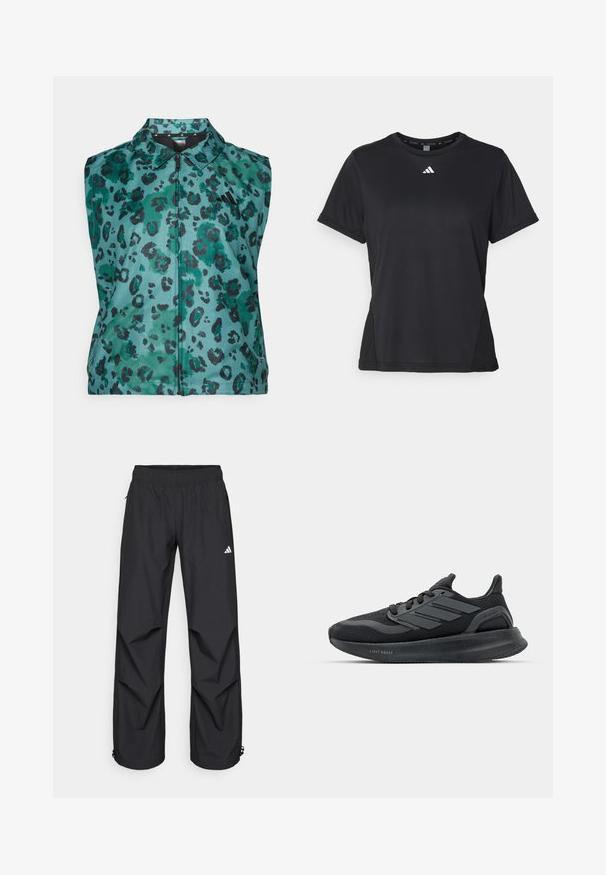 Ärmlös väst i teal med ett leopardmönster. Har en krage, hel dragkedja fram och en slät, glänsande tygtextur.; Svart atletisk t-shirt med korta ärmar, rund halsringning och en vit logotyp på bröstet. Tillverkad av ett mjukt, elastiskt tyg.; Svarta, lätta, vattentäta byxor med elastisk midja, sidofickor och justerbara muddar. Har en vit logotyp på vänster lår.; Svarta sportskor med överdel i mesh, texturerade paneler, detaljer med tre ränder och en böjd sula märkt "LIGHT BOOST."