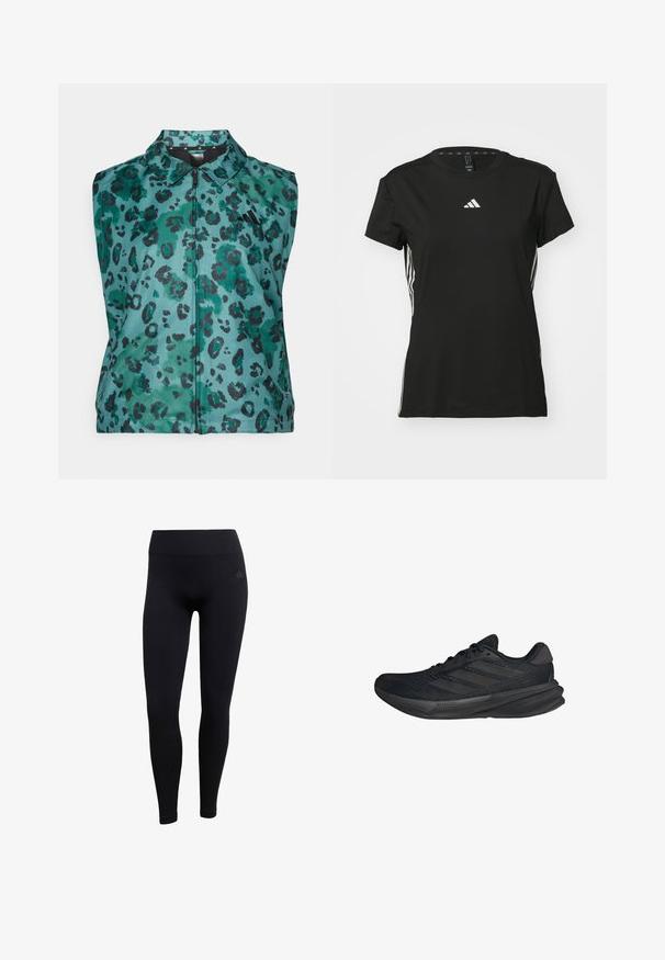 Verry sleeveless tealissa, jossa on leopardikuvio. Varustettu kauluksella, täyspitkällä vetoketjulla ja sileällä, kiiltävällä kankaan pinnalla.; Mustat urheilu t-paita lyhyillä hihoilla, valmistettu synteettisestä materiaalista. Sisältää pienen valkoisen logon rinnassa ja valkoiset raidat sivuilla.; Mustat urheilulegginsit, jotka on valmistettu joustavasta kankaasta. Ominaisuudet: korkea vyötärö, istuva leikkaus ja ribbikuvioidut nilkkakutistimet. Huomaamaton brändilogo.; Mustat urheilukengät, joissa on verkkopinta, virtaviivainen muoto, litteä pohja ja kolme vinoa raitaa sivussa. Kevyt muotoilu mukavuutta varten.