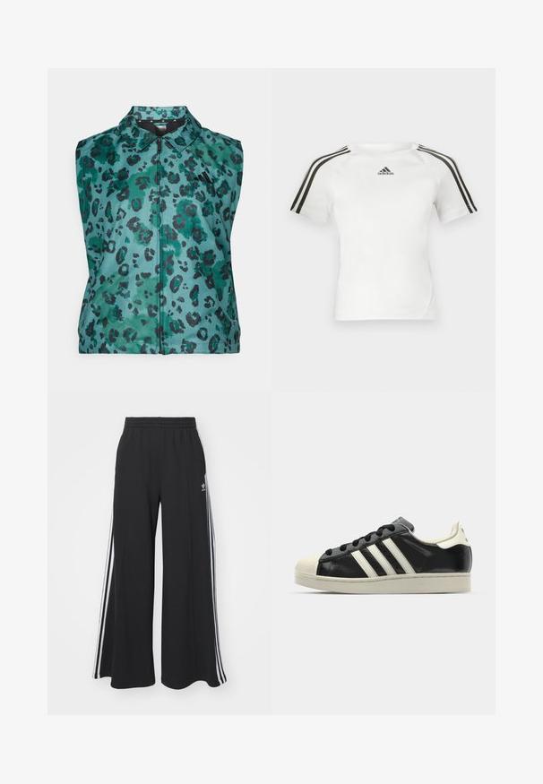Bezrękawnik w odcieniu teal z wzorem w panterkę. Posiada kołnierz, pełny zamek błyskawiczny oraz gładką, błyszczącą teksturę materiału.; Biała sportowa koszulka z krótkim rękawem z czarnym wzorem trzech pasków na ramionach, gładka faktura i małe czarne logo adidas na piersi.; Czarne szerokie spodnie dresowe z elastycznym pasem, z białymi paskami po bokach i haftowanym logo na lewej udzie.; Czarne skórzane trampki z białymi paskami, gumowym czubkiem, czarnymi sznurówkami i kremową podeszwą. Gładka faktura z połyskującym wykończeniem.