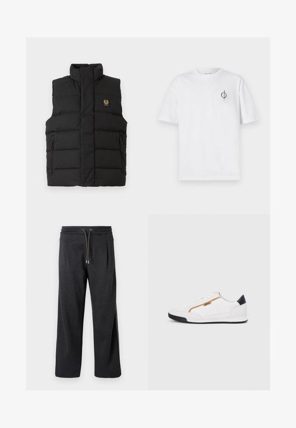 Crni pufasti prsluk s visokim ovratnikom, prednjim džepovima na patentni zatvarač i logotipom branda na prsima. Sviđa se zbog svog kviltanog izgleda.; Bijela pamučna majica s opuštenim krojem, s malim crnim grafičkim logotipom na lijevoj prečki. Kratki rukavi, okrugli izrez.; Tamne sive trenirke od mekog materijala, s elastičnim pojasom, zatvaranjem na vezicu i bočnim šavovima s kontrastnim akcentima. Dizajn s širokim nogavicama.; Bijele atletske tenisice s mrežastim i kožnim detaljima. Imaju zlatni "BOSS" logo, teksturirane bočne panele i crnu kapicu na peti. Gumeni potplat.