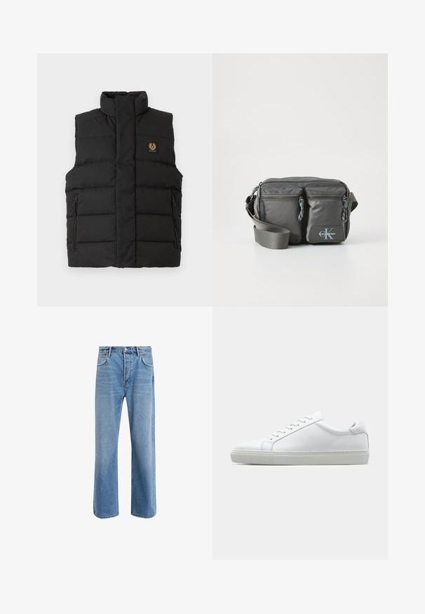 Czarna kamizelka puchowa z wysokim kołnierzem, przednimi kieszeniami na zamek błyskawiczny oraz naszywką z logo marki na klatce piersiowej. Cała ma pikowany teksturę.; Koszula z długim rękawem o stójce w jasnokremowym kolorze, wykonana z bawełny. Gładka tekstura, luźny krój, minimalistyczny design, bez widocznych wzorów i akcentów.; Jasnoniebieskie dżinsy o prostym kroju, pięć kieszeni, zapięcie na guzik, minimalne blaknięcia i kontrastowe wykończenia szwów.; Białe sneakersy z gładką skórzaną cholewką i niskim profilem. Posiadają okrągły nos, sześć dziurek na sznurówki oraz teksturowaną gumową podeszwę.; Szara nylonowa torba na ramię z dwoma zapinanymi na zamek przednimi kieszeniami, regulowanym paskiem i akcentem z logo. Gładka powierzchnia o nowoczesnym wzornictwie.