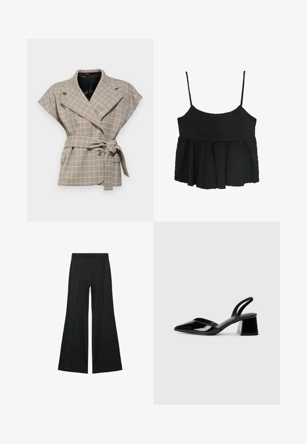 Karirani ovitak jakne u smeđoj i crnoj boji, s kratkim rukavima, pojasom u struku i reverom s skrivenim kopčanjem.; Crni peplum top s tankim podesivim trakama. Teksturovana, naborana tkanina, priljubljen bodice, lepršavi donji deo, bez vidljivih metalnih delova ili uzoraka.; Crne široke hlače s glatkom teksturom, koje imaju prednje nabore i kroj po mjeri. Tkanina je lagana i lepršava.; Crne lakirane kožne sandale s otvorenom petom i špicastim vrhom, s geometrijskom blok petom. Imaju elegantan, minimalistički dizajn i glatku teksturu.