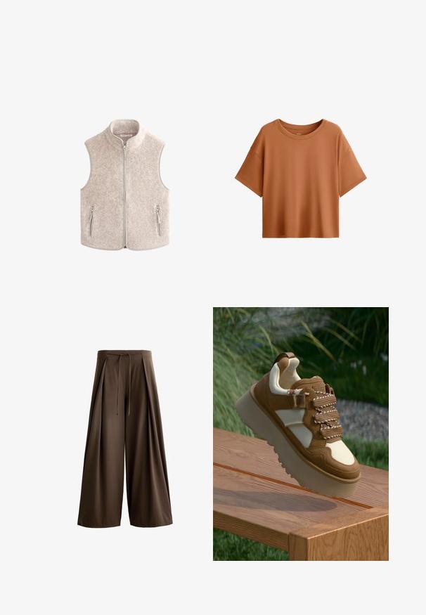 Fleece-Weste in hellbeige mit hohem Kragen, Frontreißverschluss und zwei seitlichen Reißverschlusstaschen. Texturiertes, weiches Material über die gesamte Fläche.; Kurzarm, boxy T-Shirt in Rostfarbe. Aus glattem Stoff gefertigt, mit weitem Ausschnitt und lässiger Passform, mit einem sauberen Saum.; Braune weit geschnittene Hosen aus einem strukturierten Stoff, mit einem Gummizugbund und vorderen Falten.; Braune und cremefarbene Sneaker mit einer klobigen Sohle, strukturierten Materialien und Schnürdetails. Verfügt über eine Zuglasche an der Rückseite und eine dezente Markenkennzeichnung an der Seite.
