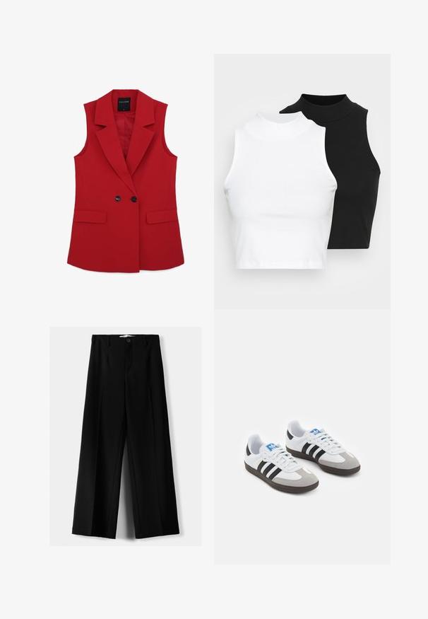 Blazer rosso senza maniche con colletto a punta, chiusura a doppio bottone e due tasche frontali. Realizzato in un tessuto liscio senza motivi visibili.; Due top in maglia senza maniche, a collo alto, in nero e bianco, con un design aderente e una superficie liscia, di lunghezza cropped.; Pantaloni neri a gamba larga realizzati in tessuto leggero, caratterizzati da una chiusura frontale con bottone e frontale piatto, con orli cuciti con precisione.; Scarpe sportive con tomaia in pelle bianca, punta in suede grigia e tre strisce nere. Presentano un logo blu sulla linguetta e una suola in gomma testurizzata.