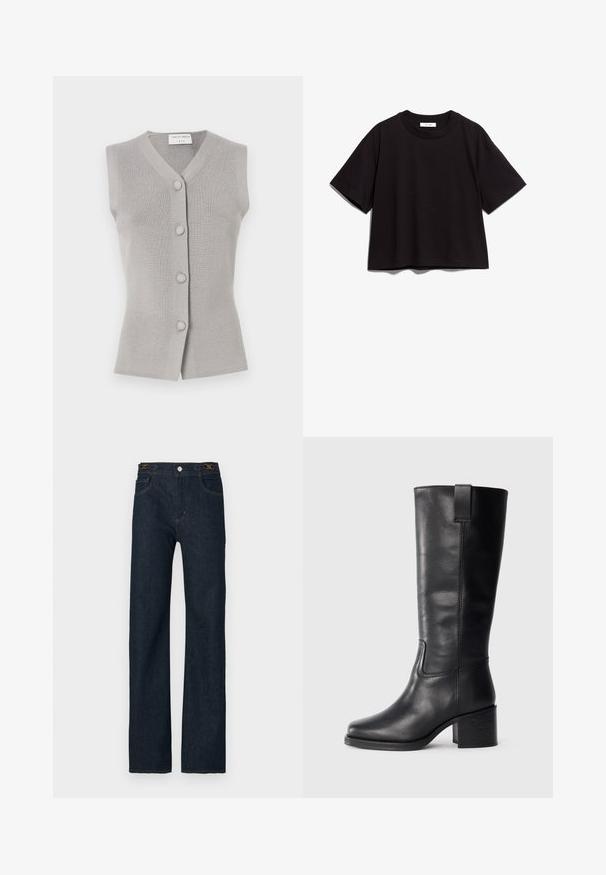 Světle šedé, bezrukávové pletené vesta s výstřihem do V, pěti kulatými knoflíky vpředu a ribbovanou strukturou. Čistý, jednoduchý design bez vzorů.; Černé bavlněné tričko s krátkým rukávem a kulatým výstřihem. Nabízí volný střih a jednoduchý, nezdobený design.; Tmavě modré riflové kalhoty s přímým střihem, vybavené zapínáním na knoflíky, poutky na pásek a kontrastním prošitím. Klasický design s pěti kapsami.; Černé kožené kozačky až ke kolenům s hladkým povrchem, čtveratou špičkou, širokým podpatkem a bočním poutkem, se minimalizovanými švy.